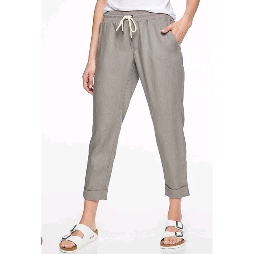 ATHLETA 0 Womens‎ 6 Bali Ankle Linen Pants Elastic Waist Gray Straight Leg